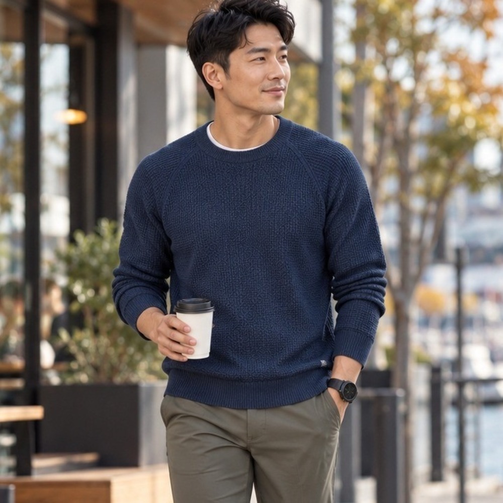Lululemon Mens Navy Blue Coolmax Cotton Waffle Knit Crewneck Sweater Size M